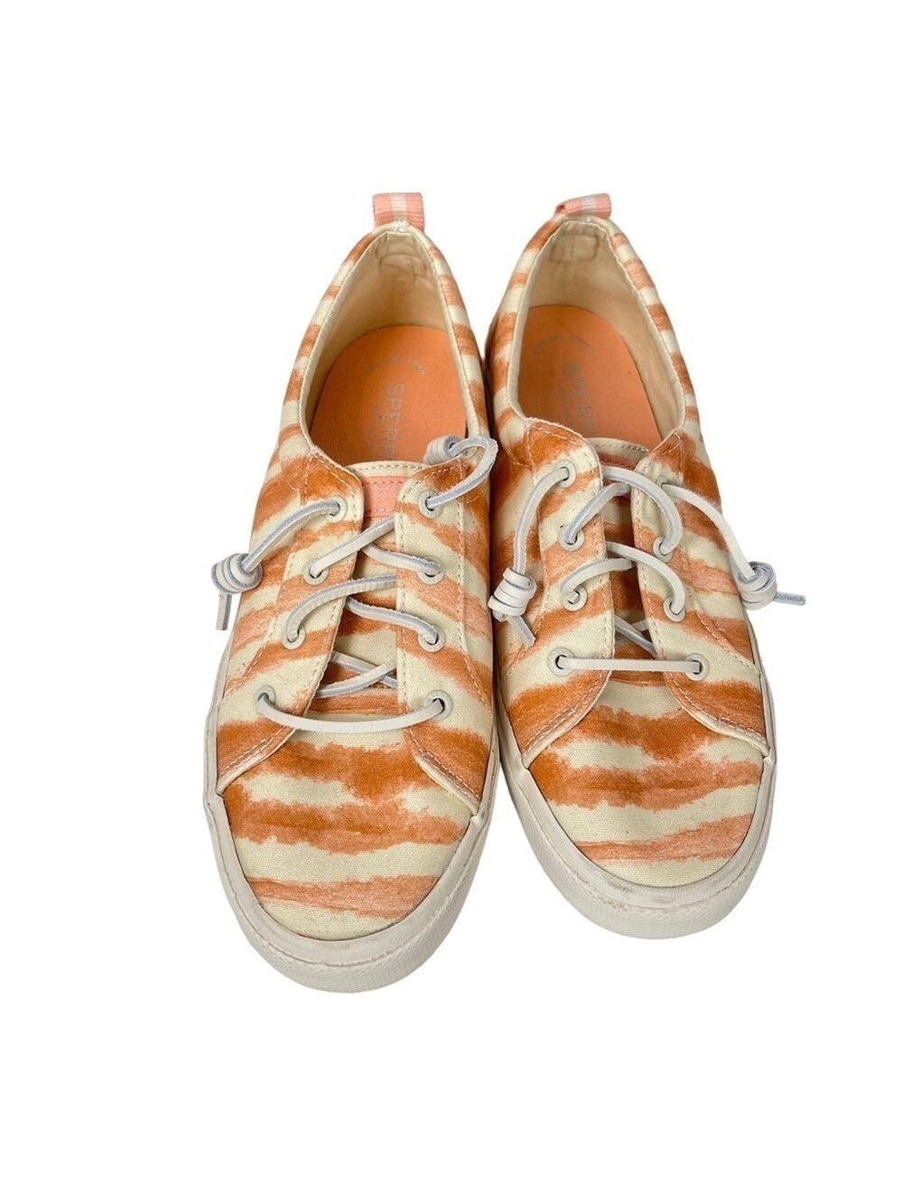 Sperry Pier Wave LTT Orange Stripe Canvas Low Top Sneakers Womens 9 Coastal
